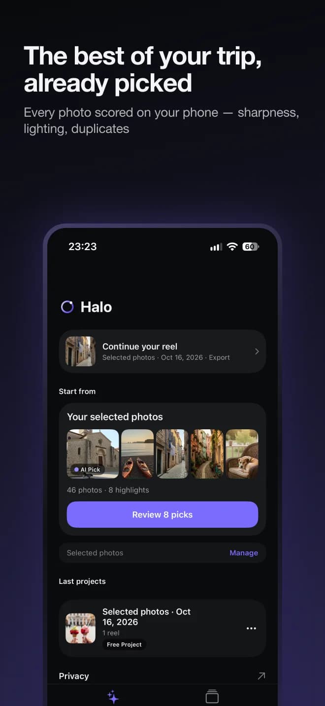 Pantalla de inicio de Halo, con lo más destacado que eligió de un viaje