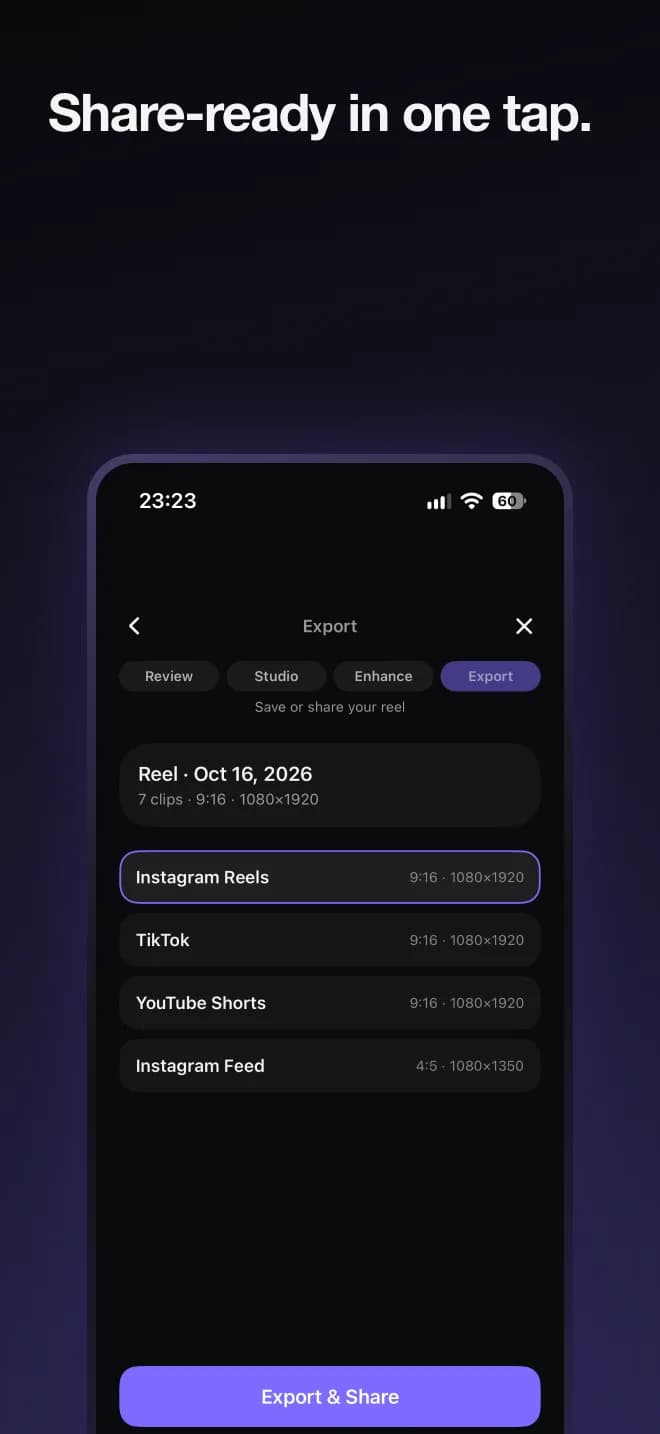 Elegir dónde exportar el reel